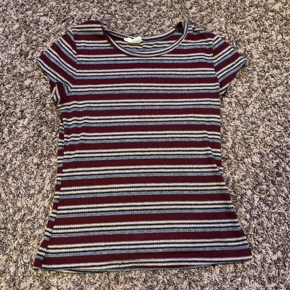 burgundy cream and black striped top